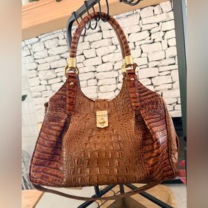 UEC Brahmin Cognac Croc-Embossed Tote/Shoulder Bag with Gold Hardware